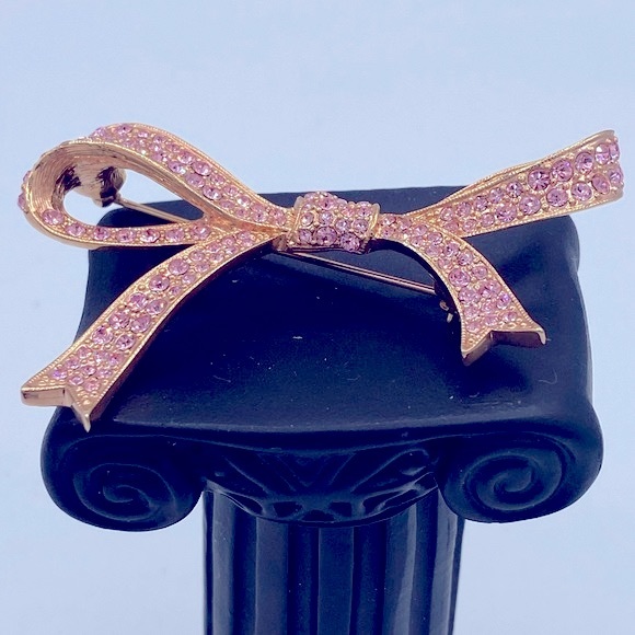 Vintage KJL Rose Gold Tone Pink Pave Rhinestone Bow Pin Brooch Cancer Awareness - Picture 9 of 11